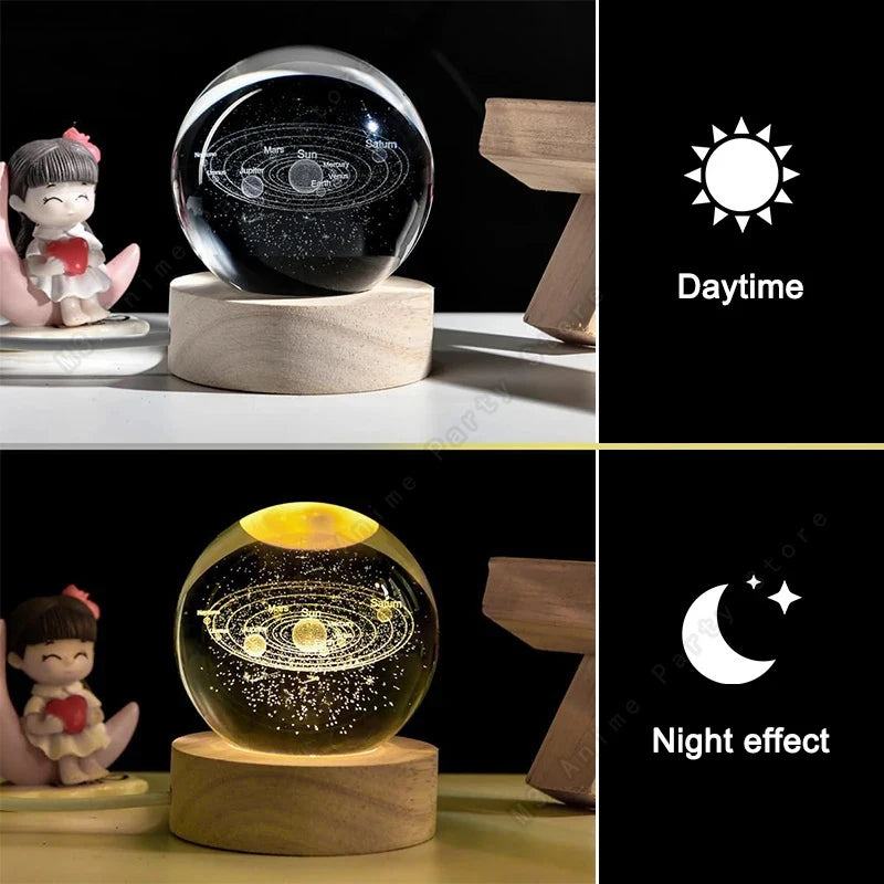 3D Crystal Ball LED Night Light – Galaxy, Moon & Saturn Lamp