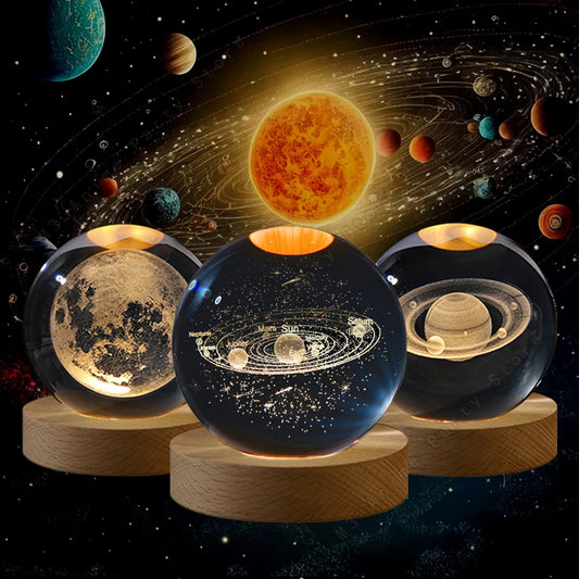 3D Crystal Ball LED Night Light – Galaxy, Moon & Saturn Lamp