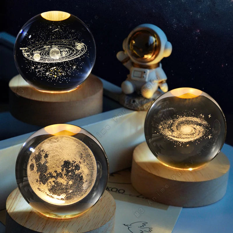 3D Crystal Ball LED Night Light – Galaxy, Moon & Saturn Lamp