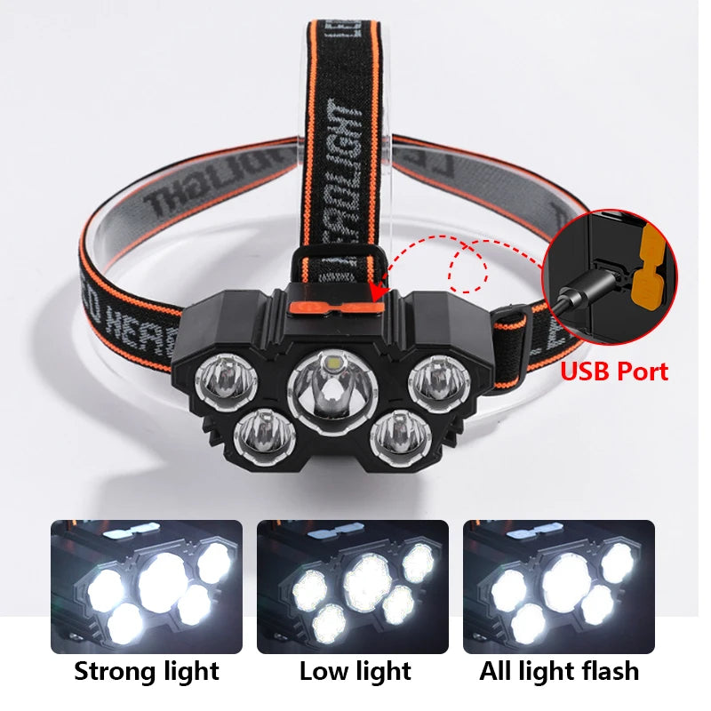 Waterproof 5 LED Rechargeable Headlamp